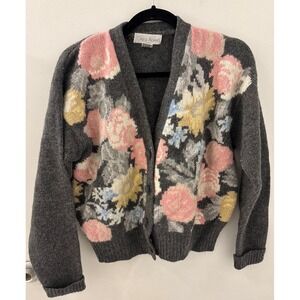 Vintage Women's Greg Adams Women Floral Print Knit Cardigan Sweater Dark Gray